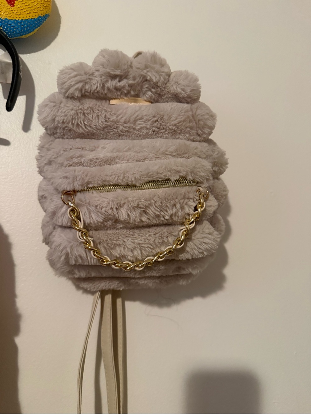 Claire's Plush Light Gray Backpack with Gold Chain